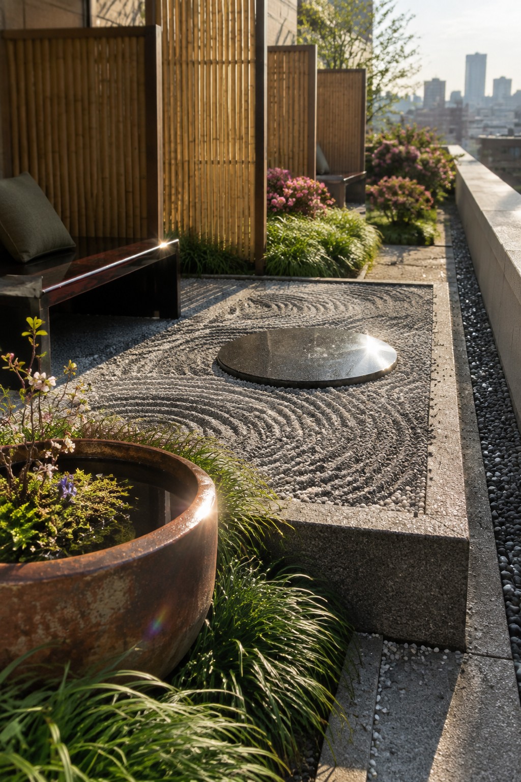 A rooftop terrace features raked gravel with a central round stone, bamboo screens along the edges, potted plants, and a dark bench overlooking city buildings.