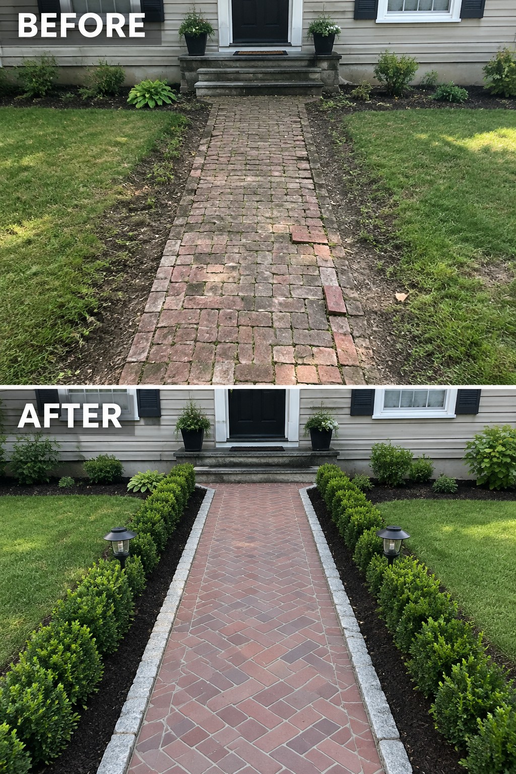 Before and after of brick walkway to house with new shrub borders and lights
