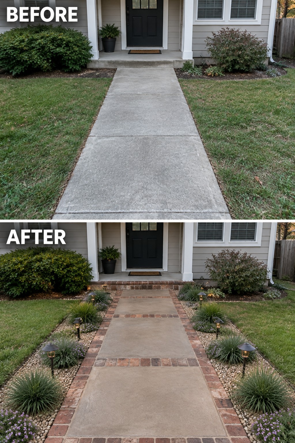 Before-and-after of concrete walkway upgraded with brick borders, plants and lights