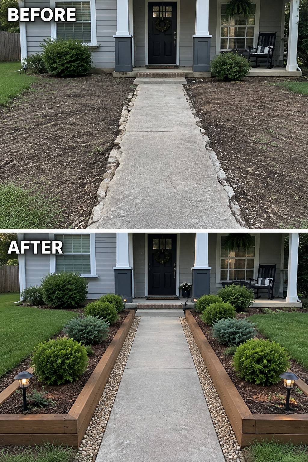 Before-and-after image of a cracked concrete front walkway updated with raised wooden garden beds, gravel borders, and low shrubs on both sides.
