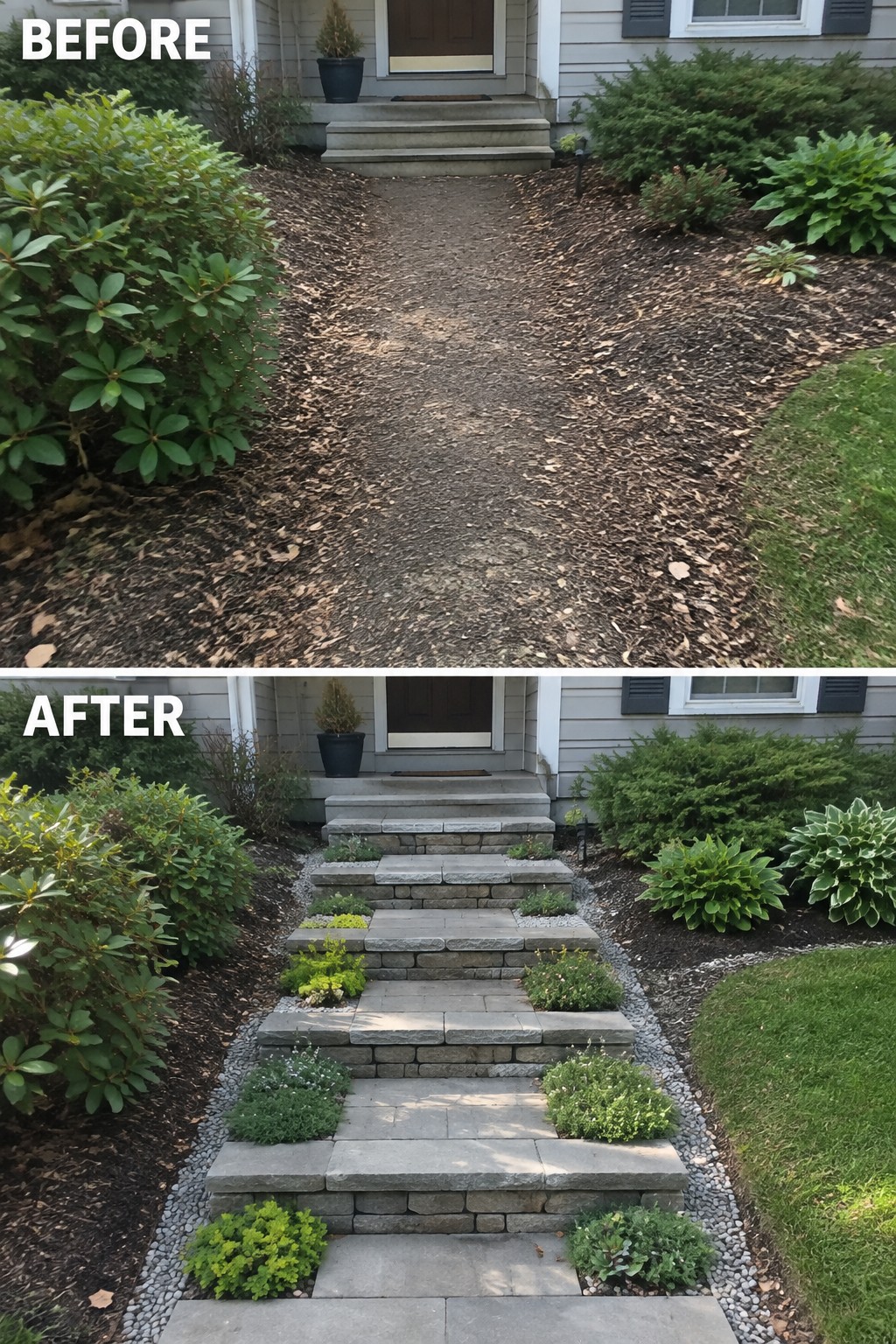Before-and-after image of a front walkway changed from a plain mulch path into a structured stone step path with gravel borders and small planted beds along the edges.
