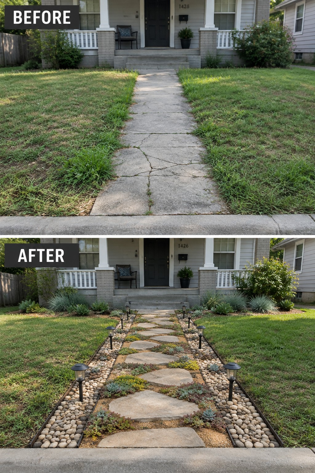 Before-and-after views of cracked concrete walkway upgraded to stone path with lights and plants.