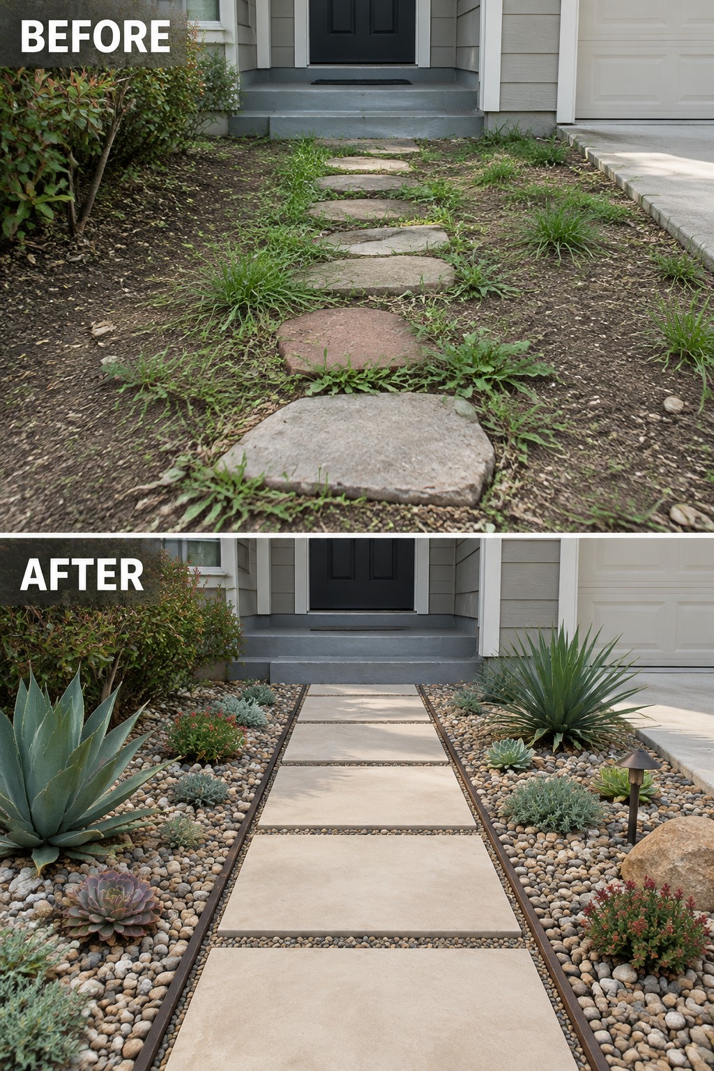 Before and after of overgrown stone path transformed into neat tiled walkway with gravel and plants.