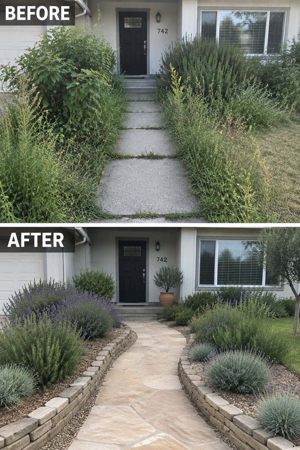 Before and after front yard with overgrown plants replaced by stone path and shrubs