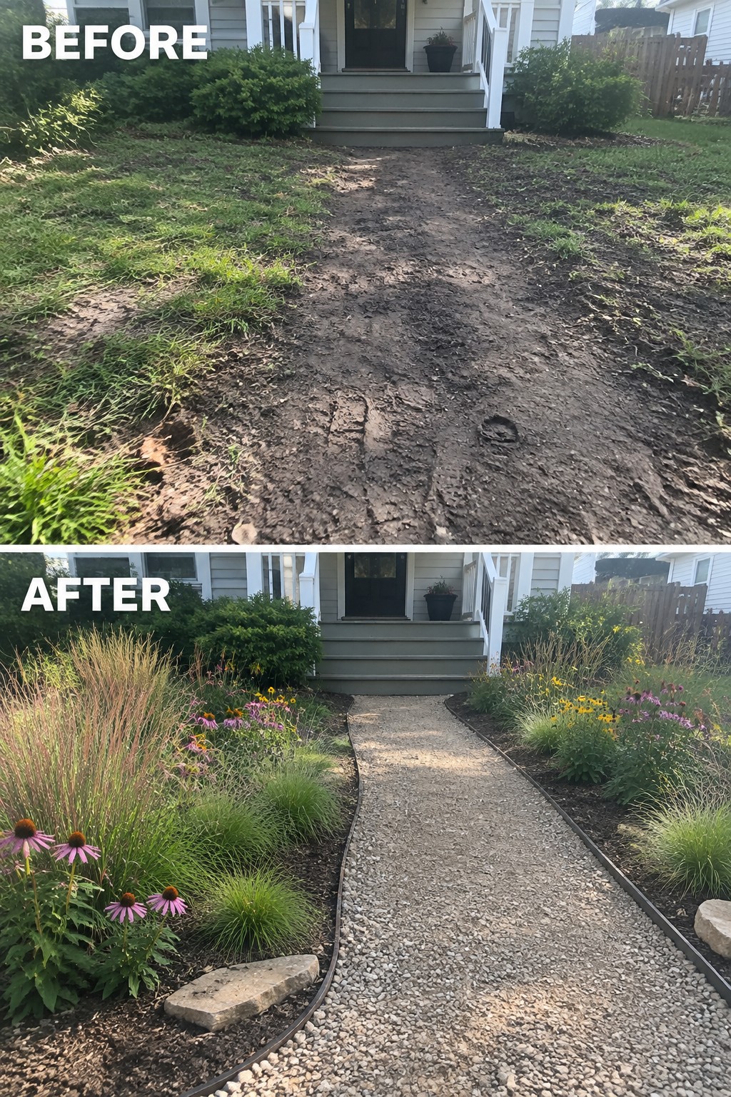 Before-and-after image of a muddy front path transformed into a gravel walkway lined with garden beds and flowers.