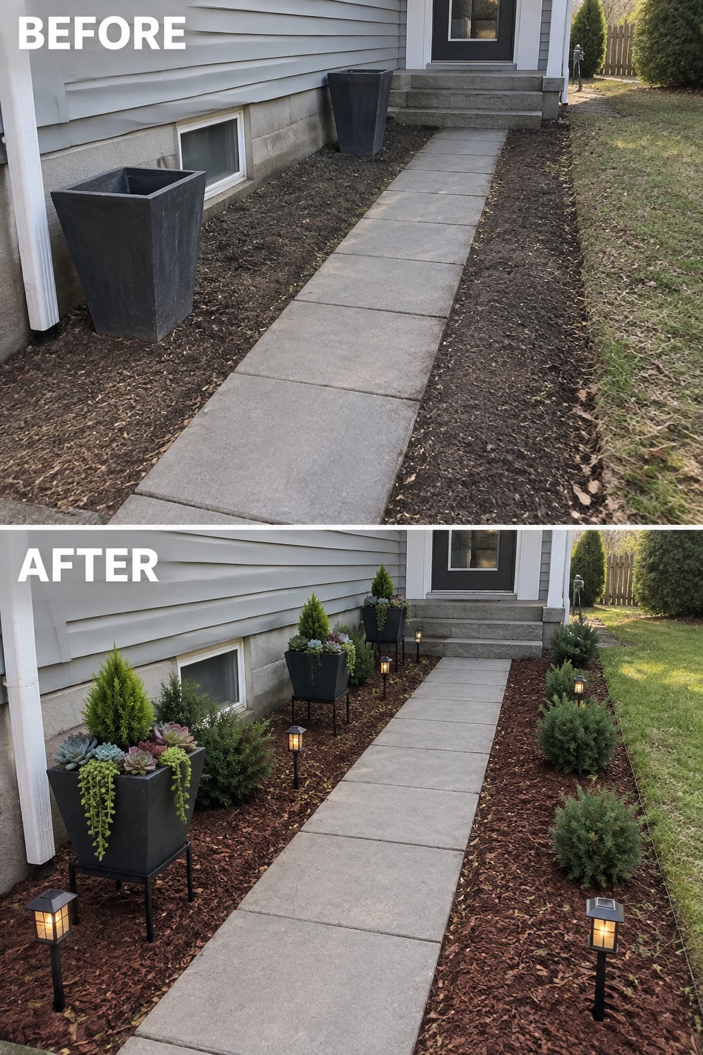 Before-and-after view of a gray house walkway with black planters, shrubs, and solar lights
