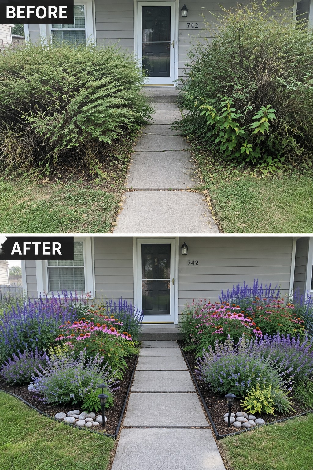 Before and after view of house walkway with overgrown bushes turned into colorful flower beds.