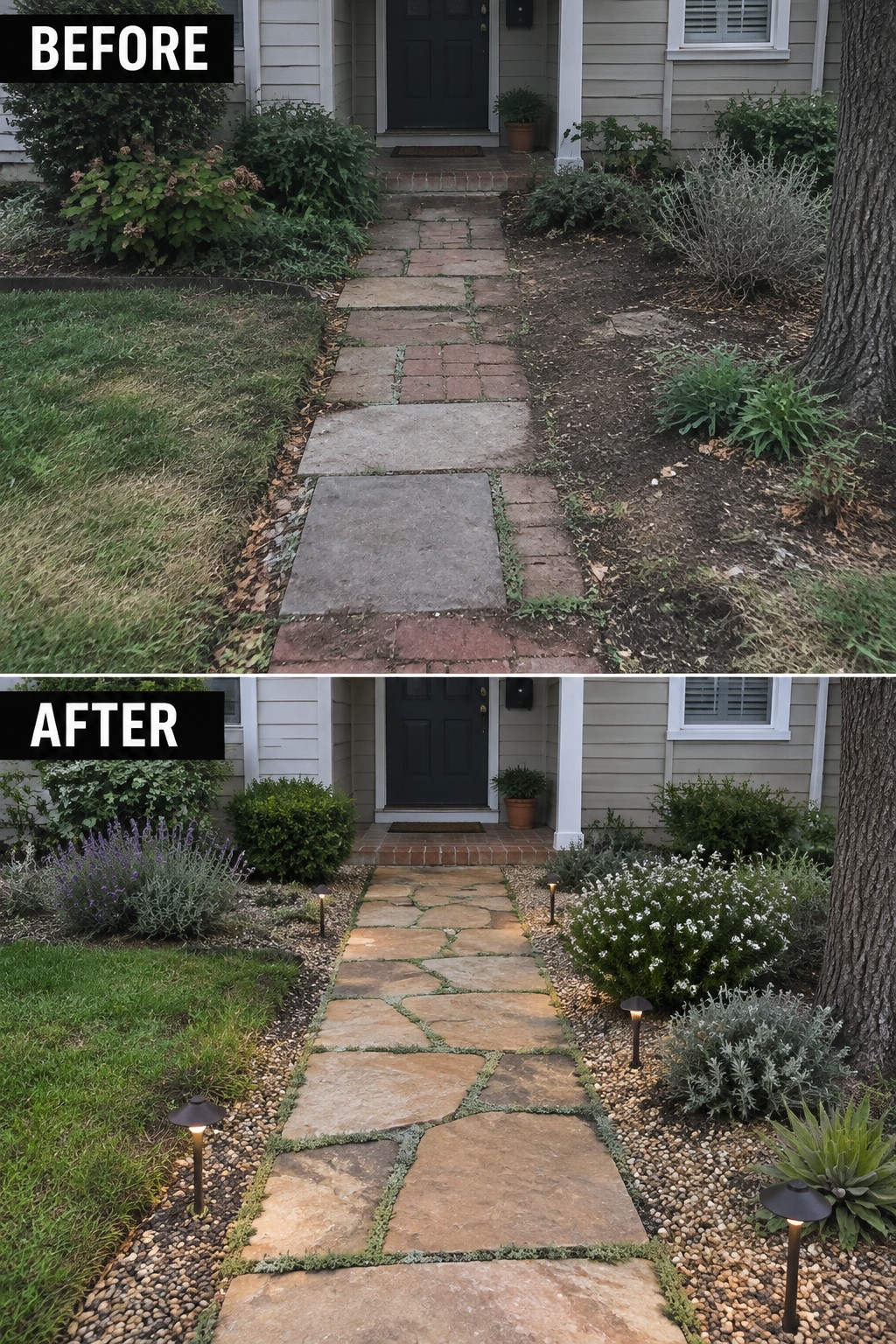 Before and after of renovated stone walkway with lights and landscaped garden beds.
