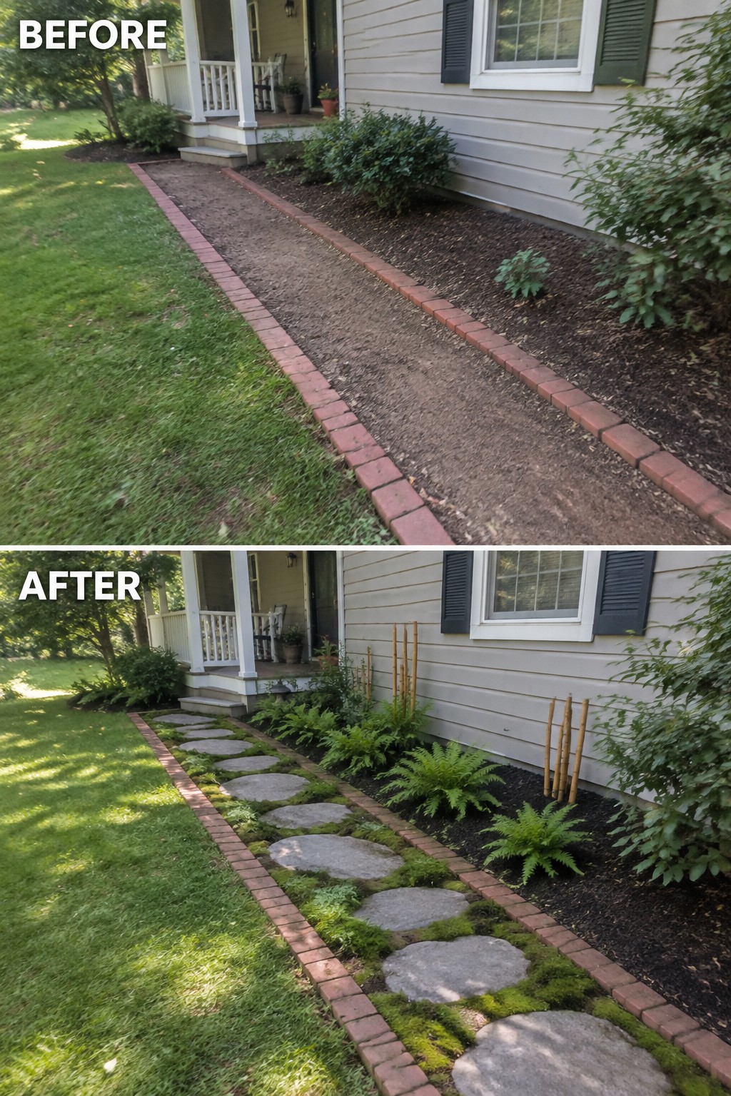 Before and after of brick-bordered path transformed from dirt to mossy stepping stones with ferns.