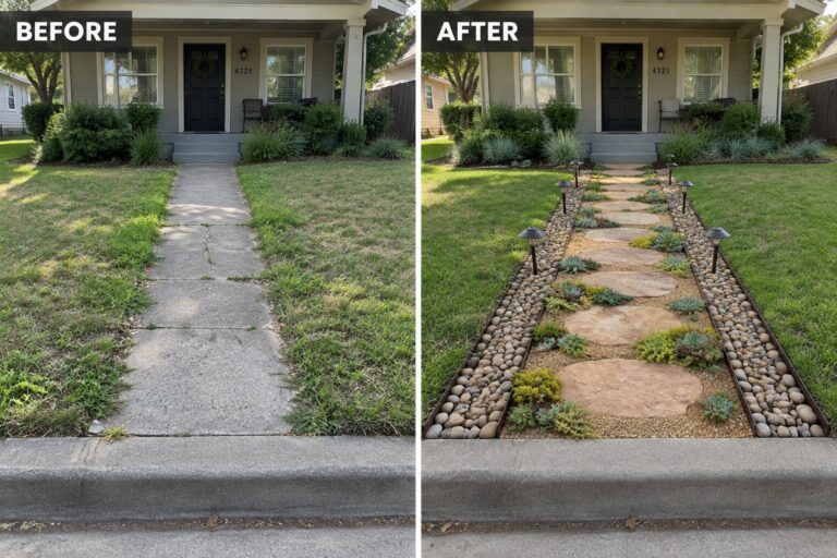 Before-and-after views of cracked concrete walkway upgraded to stone path with lights and plants.