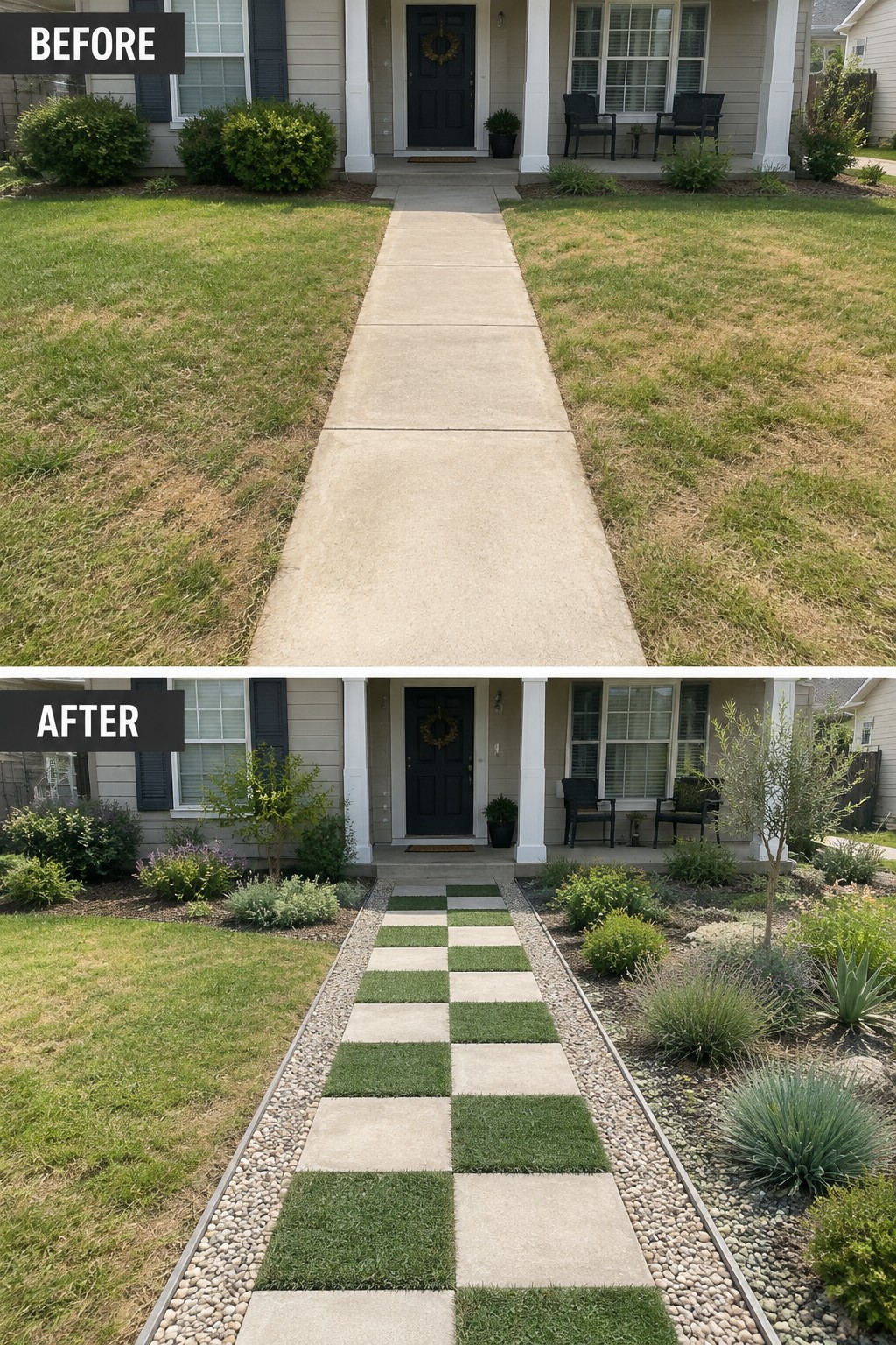 Before-and-after image of a plain concrete front walkway changed into a checkerboard paver and grass path with gravel borders and new planting beds.
