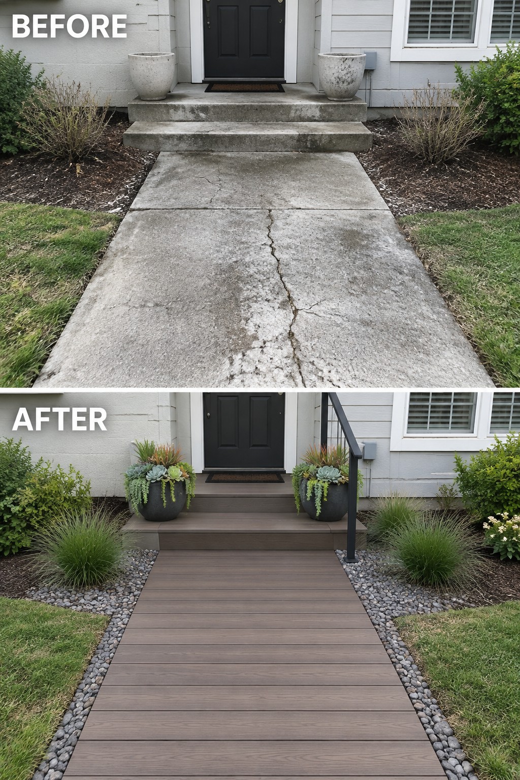 Before and after of cracked concrete walkway replaced by modern wooden deck with planters.