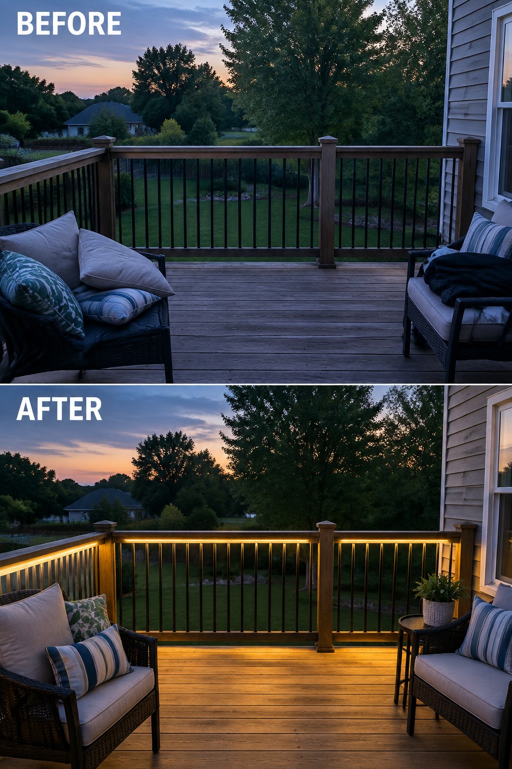 Before-and-after image of a wooden deck with seating before and after adding warm lights along the railing.