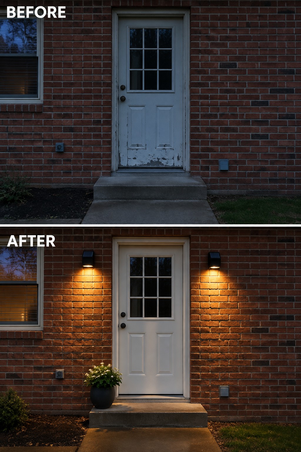 Before and after brick entrance: peeling door repainted with solar lights and potted plant.