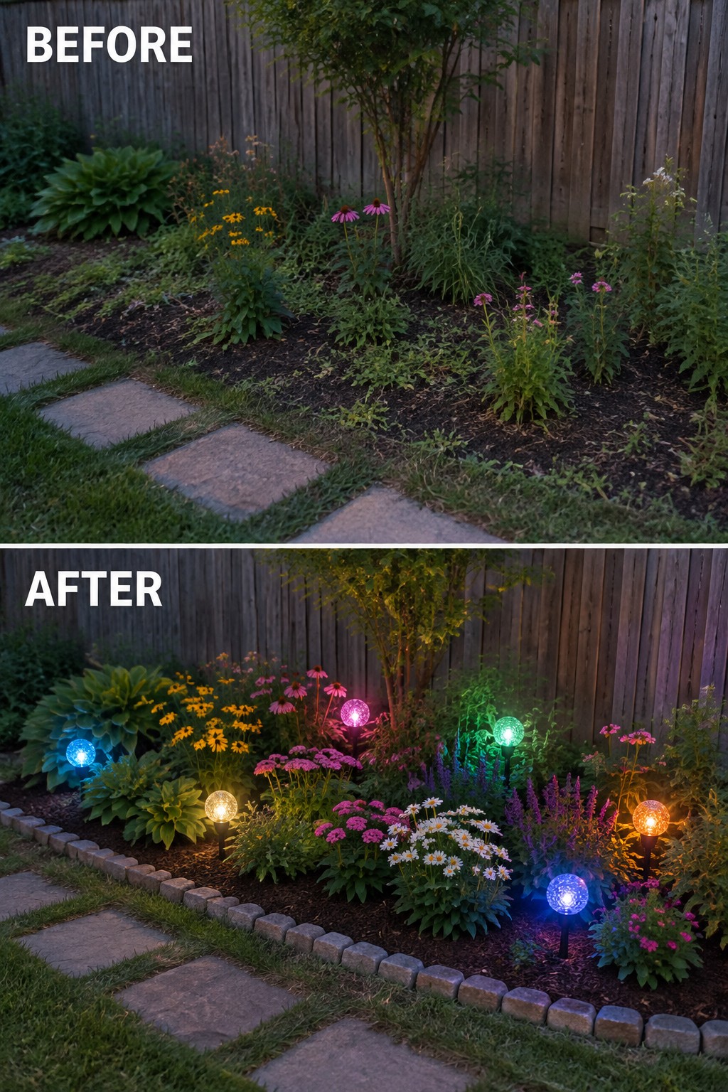 Before-and-after garden with colorful glowing orb lights among flowers at dusk.