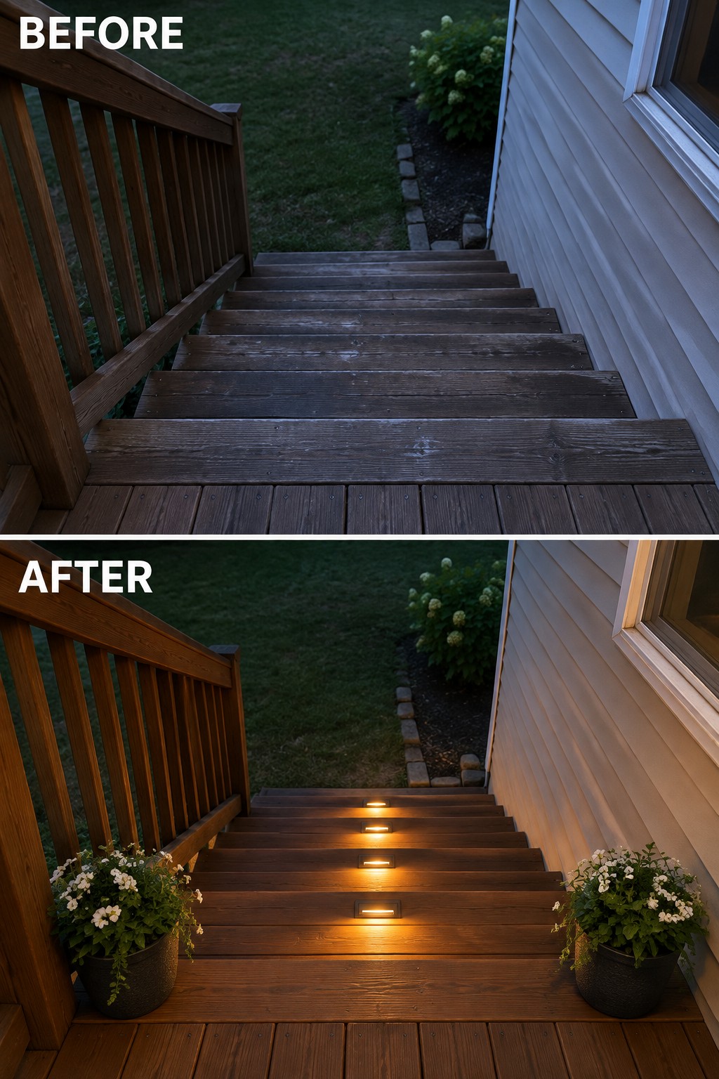 Before and after of wooden stairs with added glowing step lights and potted flowers