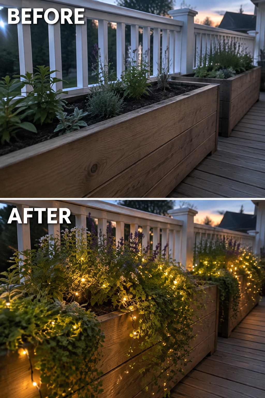 Before-and-after image of wooden deck planters shown plain with plants, then updated with string lights woven through fuller greenery.