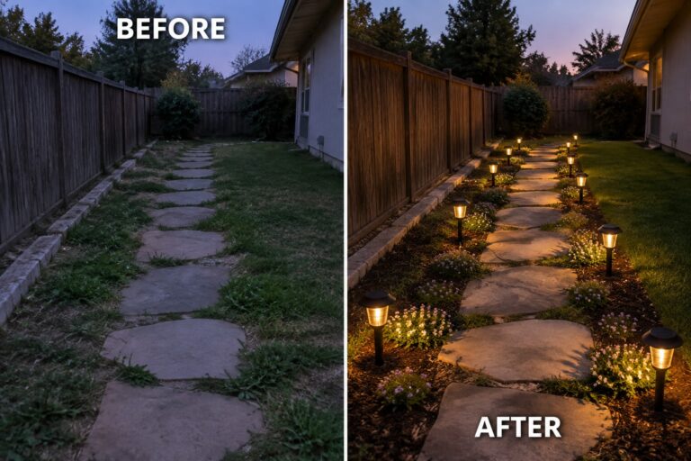 23 Simple Garden Lighting Makeover Ideas With Solar Fixtures Before and after of backyard stone path with solar lights and flower beds
