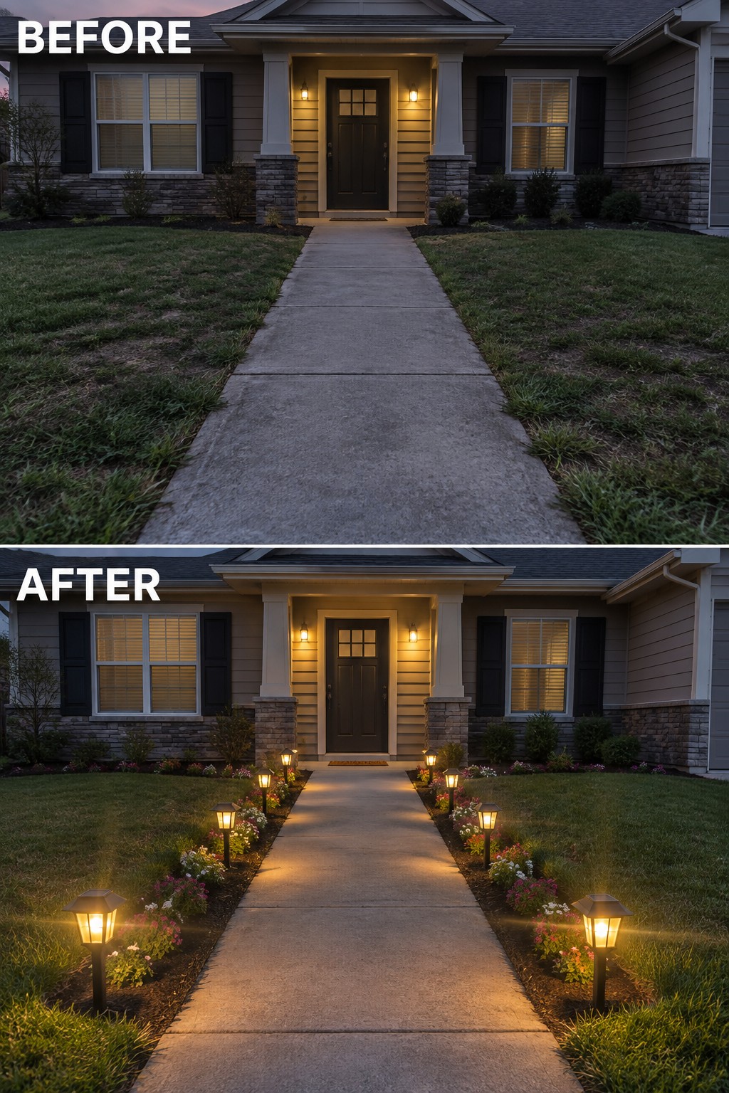 Before-and-after image of a house front walkway updated with solar path lights and planted flower borders.