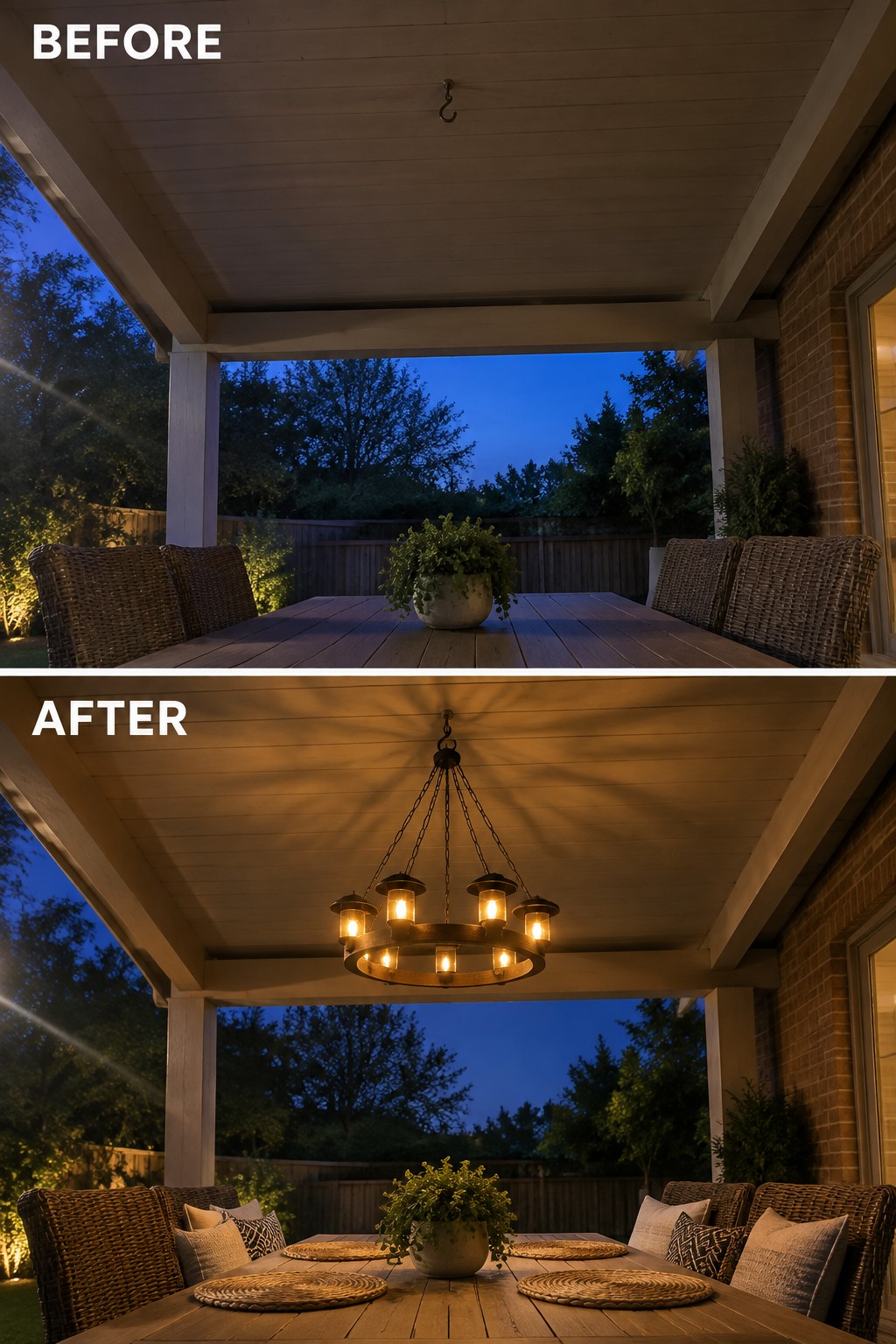 Patio dining area before and after adding illuminated chandelier and table settings