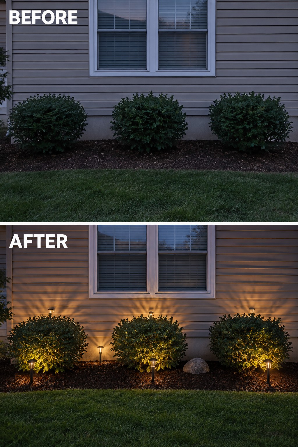 Before-and-after image of a house exterior where solar lights were added among the foundation shrubs to illuminate the plants and siding at night.