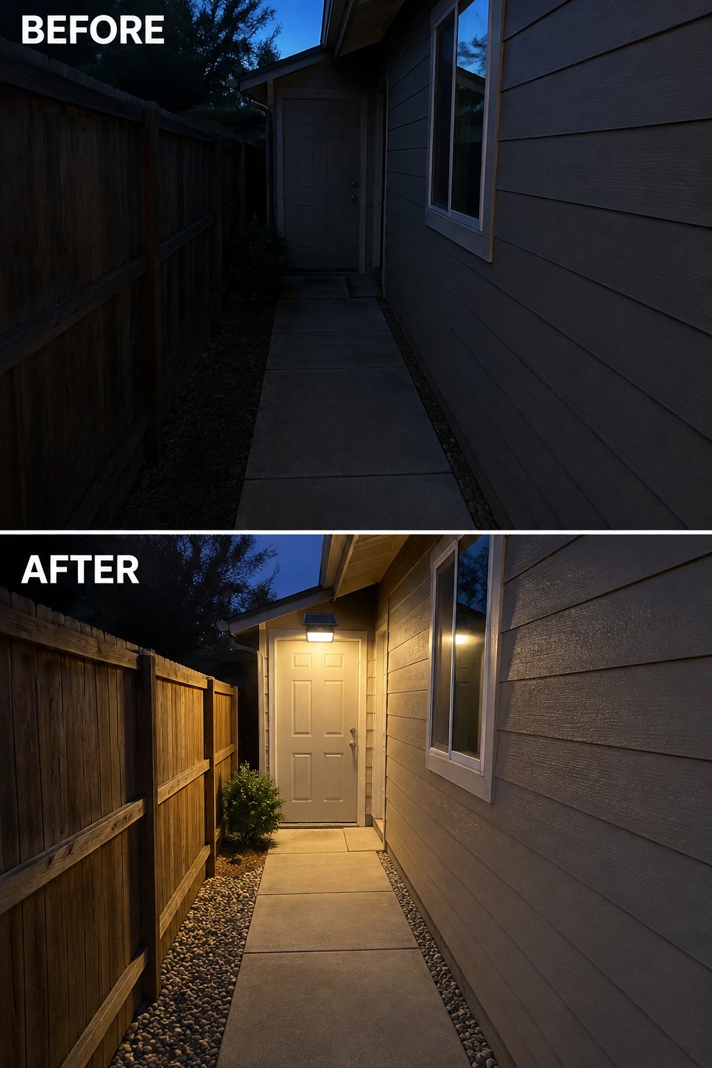 Before and after views of house side walkway with new lighting and stained fence