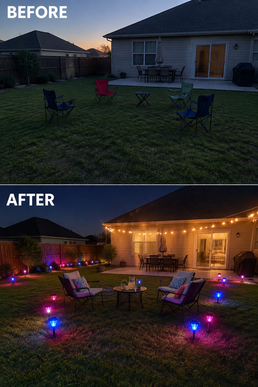 Before and after backyard at night with string lights and colorful path lights.