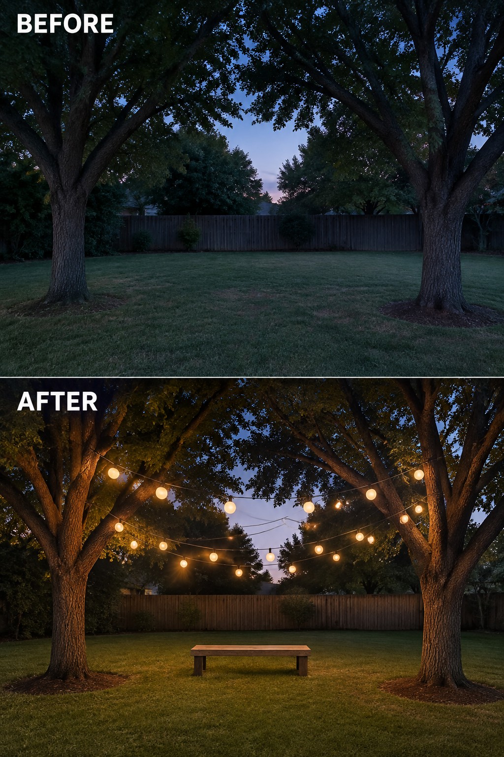 Before and after backyard at dusk with string lights and wooden bench