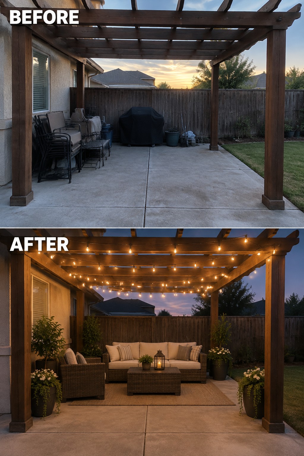 Before and after of wooden pergola patio with added seating, plants, and string lights
