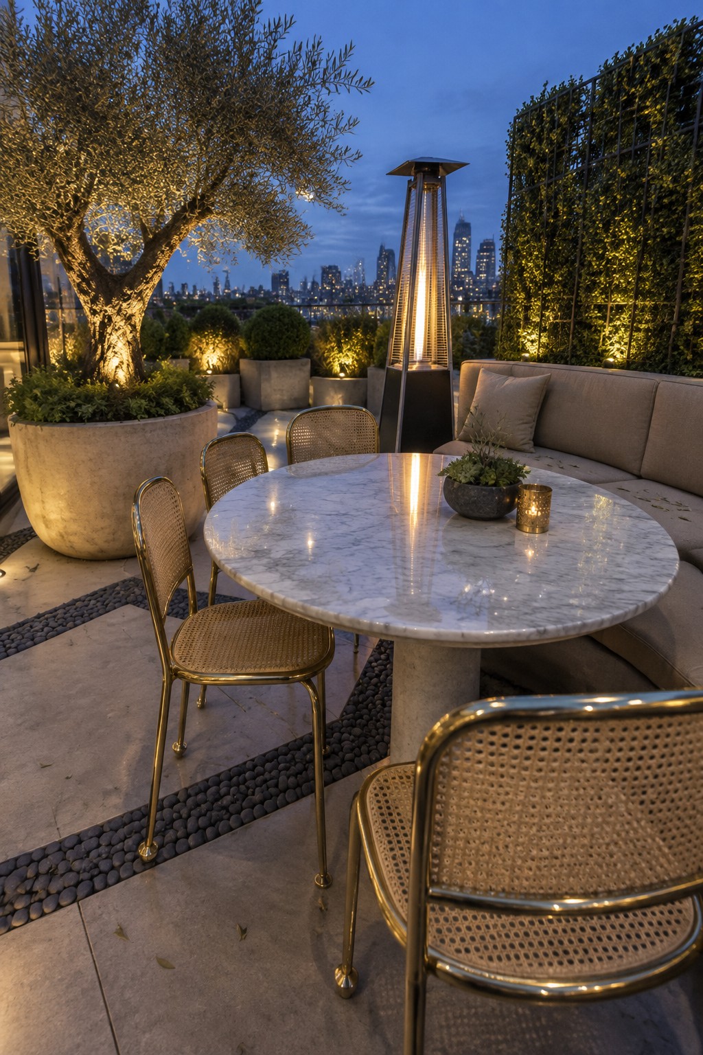 A round marble dining table with cane chairs sits on a paved rooftop terrace beside a large potted olive tree, with a curved sofa, patio heater, and city skyline visible in the background.