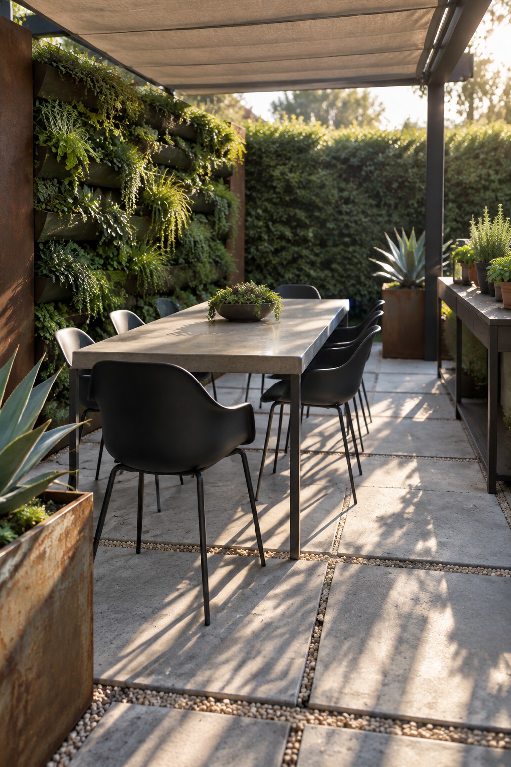 An outdoor dining table with black chairs on stone pavers sits next to a tall living wall covered in green plants.