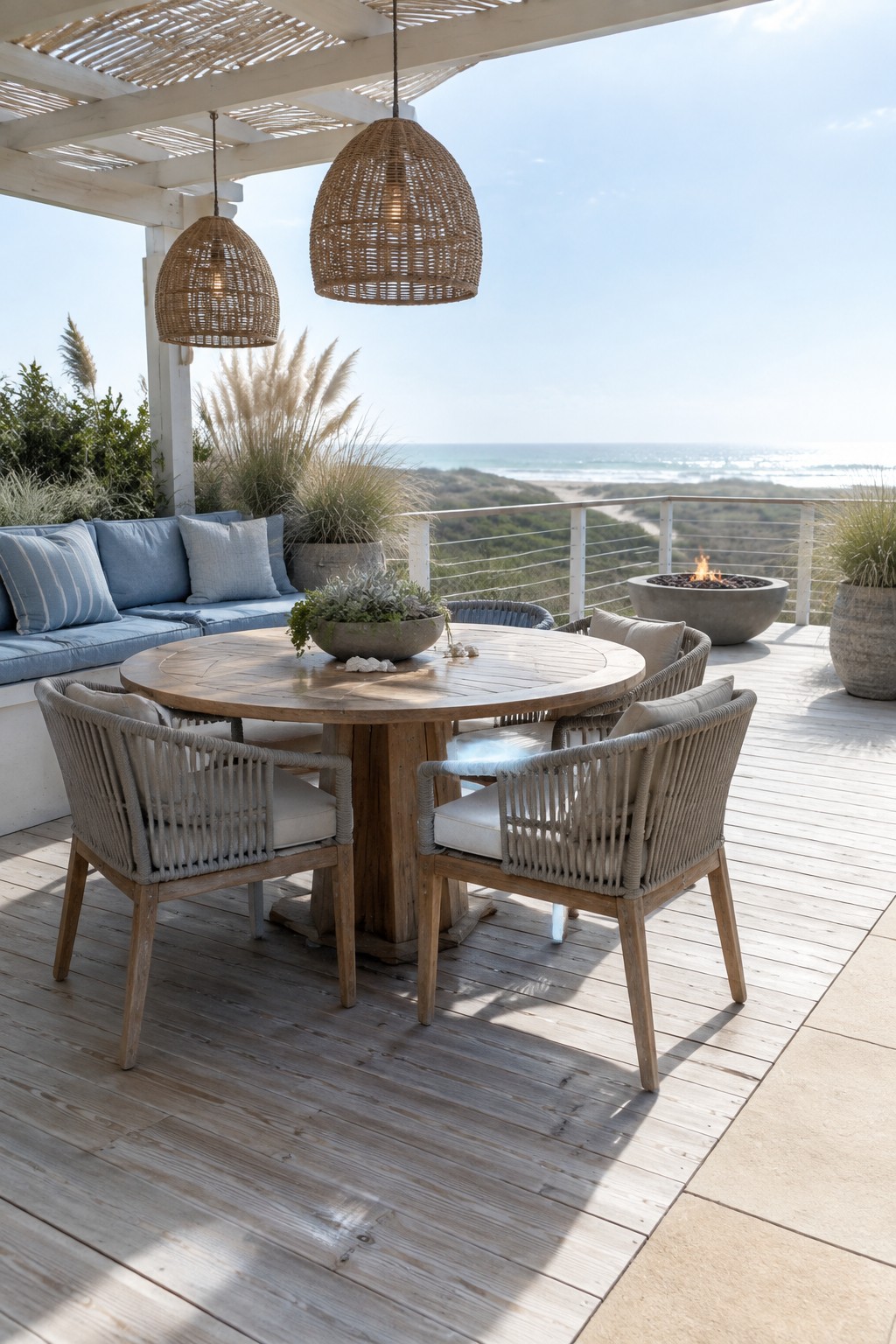 A round wooden dining table with woven chairs sits on a deck under a white pergola with hanging rattan pendant lights, overlooking the ocean.