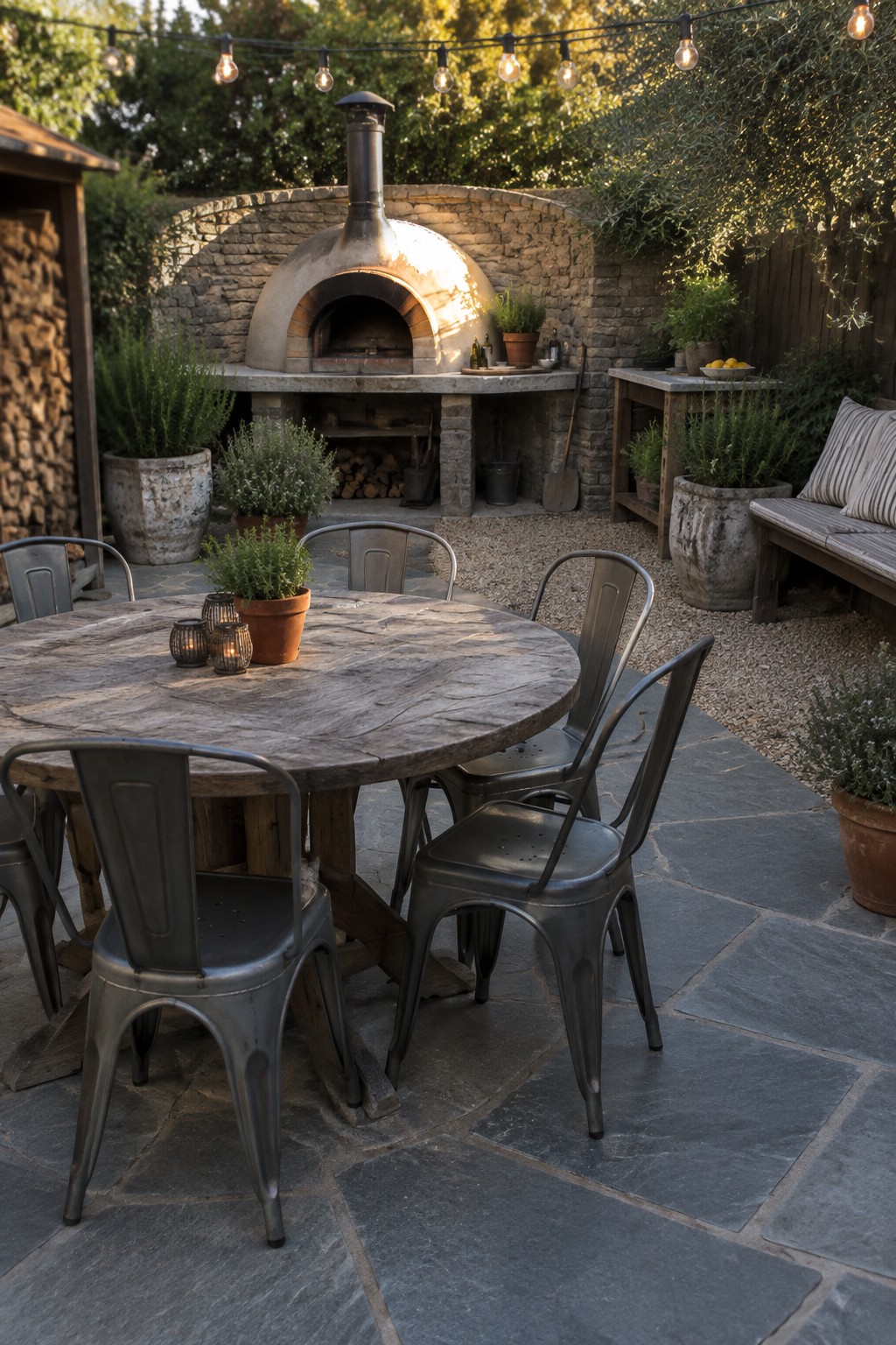 A round wooden dining table with metal chairs sits on a stone patio beside a large stone pizza oven, surrounded by potted plants and string lights overhead.