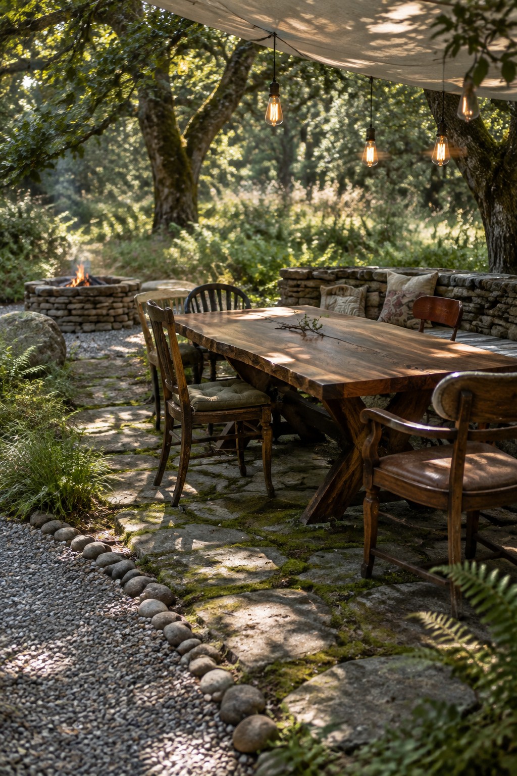 A long rustic wooden dining table with mixed wooden chairs sits on a moss-covered stone path beneath hanging Edison bulbs, with a stone fire pit visible in the background among trees.