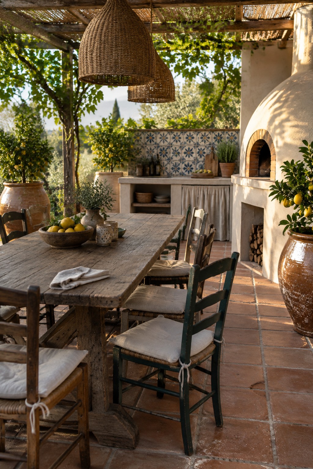 Rustic wooden table with lemons and chairs on terracotta patio by pizza oven