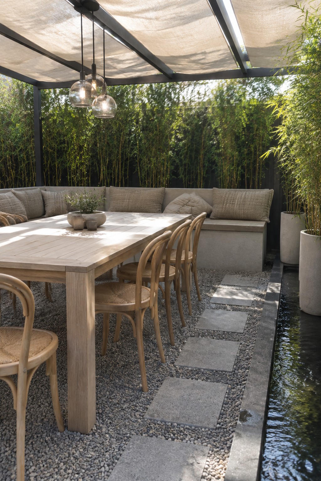 An outdoor dining area with a long wooden table, mixed wooden chairs, a built-in concrete bench with cushions, gravel ground with stone pavers, and tall bamboo plants in the background.