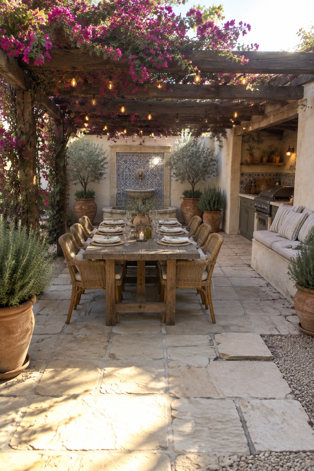 A long wooden dining table sits under a pergola covered in bright magenta flowering vines and string lights on a stone patio, with potted plants and a tiled fountain in the background.