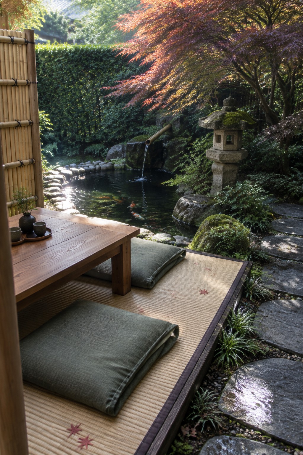 A Japanese garden with a low wooden table and green cushions on tatami mats positioned beside a koi pond, red maple trees, stepping stones, and a stone lantern.