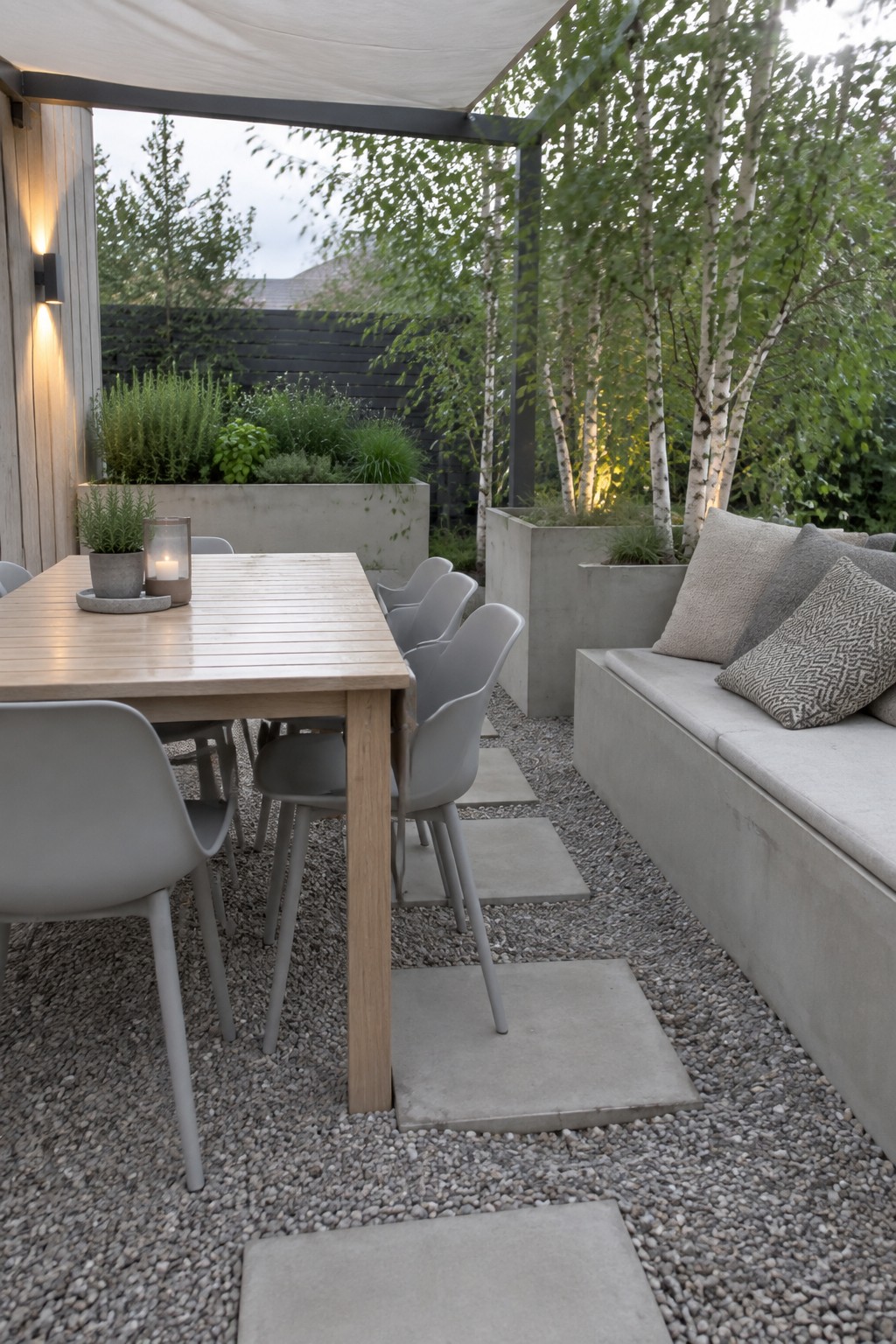 An outdoor dining area with a wooden table and gray chairs on gravel with concrete stepping stones, next to a built-in concrete bench with cushions and raised planters holding shrubs and trees.