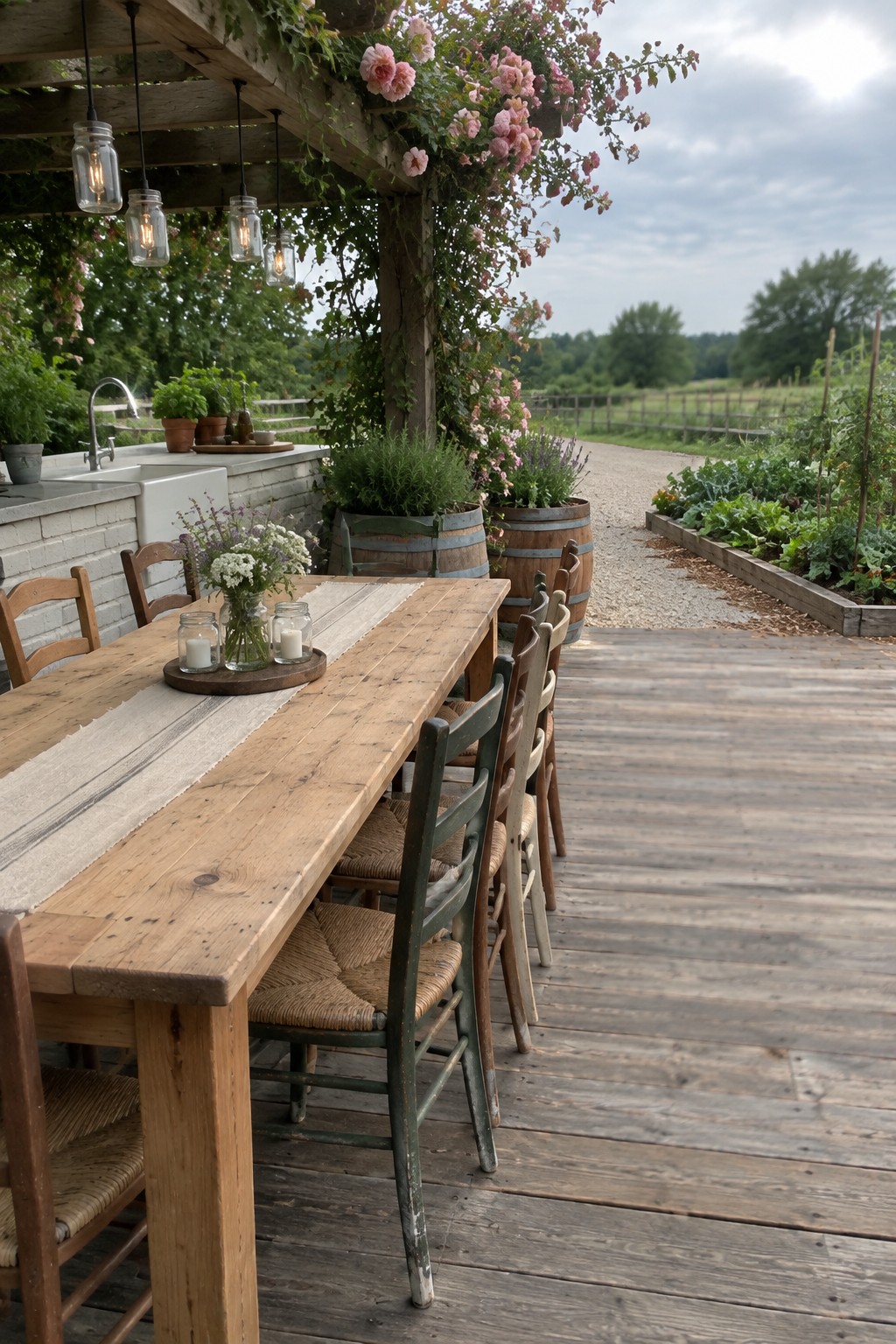 Rustic wooden table with woven chairs on deck amid roses and garden barrels.