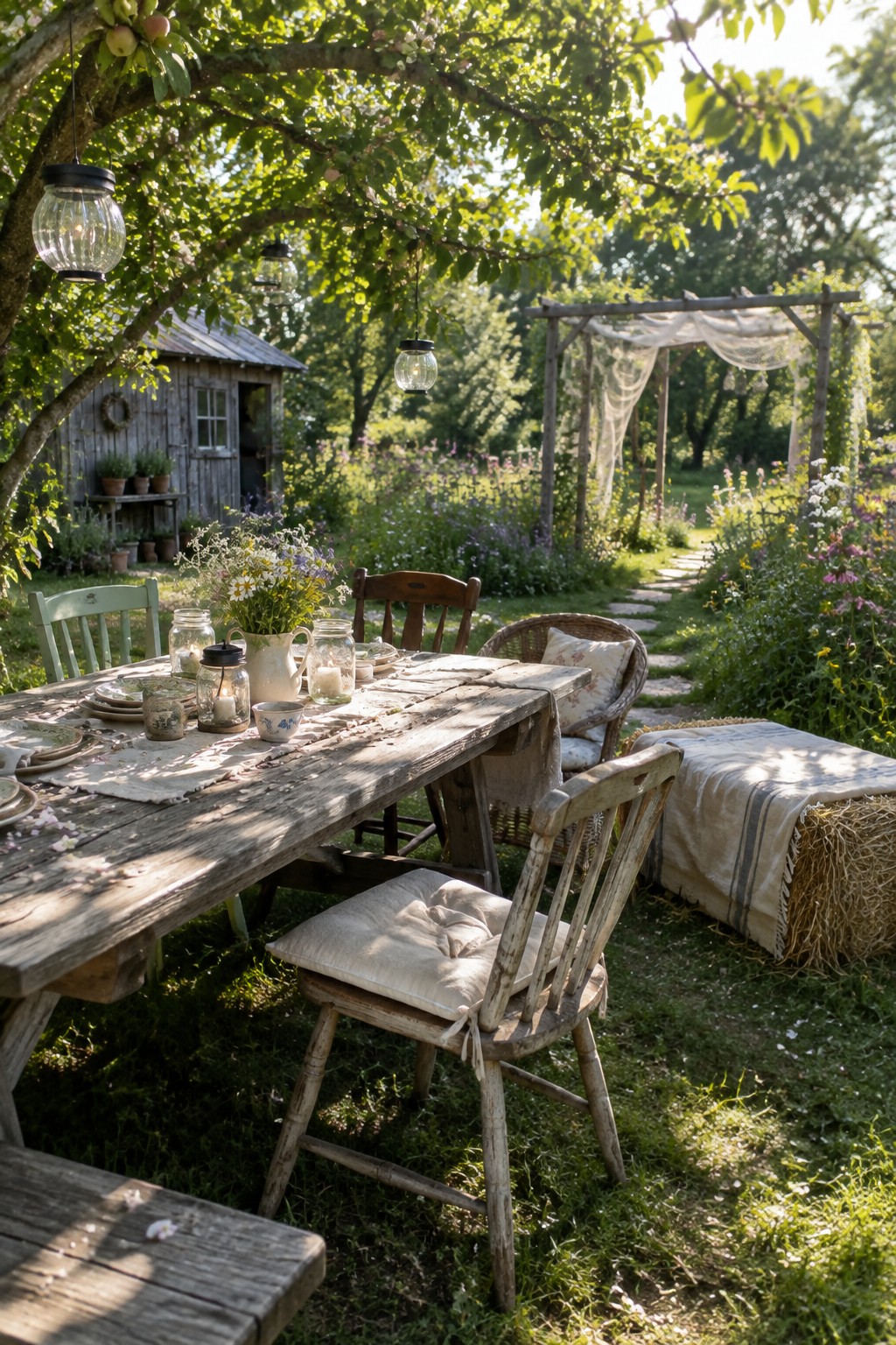 A rustic wooden dining table with mismatched chairs sits on grass beneath a tree, surrounded by wildflowers, hanging glass lanterns, a garden shed, and a stone path.