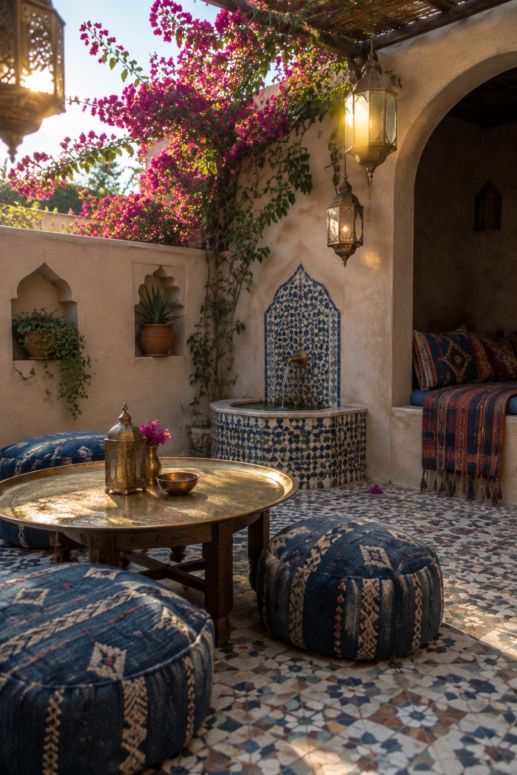 A shaded courtyard with a blue and green tiled fountain, low brass table, blue patterned floor cushions, hanging lanterns, and bougainvillea climbing over white walls.