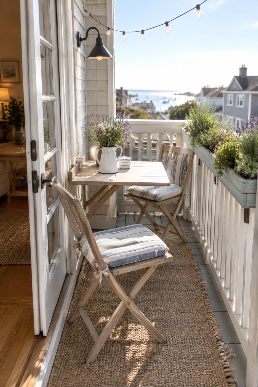 A narrow balcony holds a small wooden table and two folding chairs with striped cushions on a woven rug, next to a long planter box filled with green plants and flowers along the white railing.