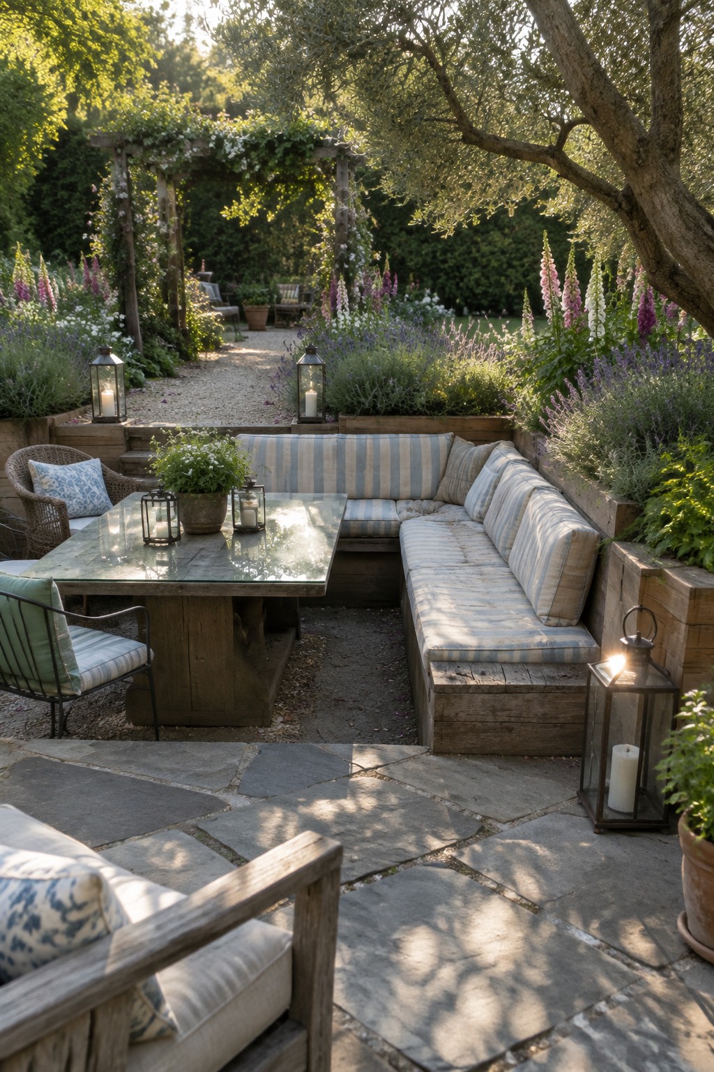 Garden patio with L-shaped striped sofa, wooden table, lanterns, and flowers