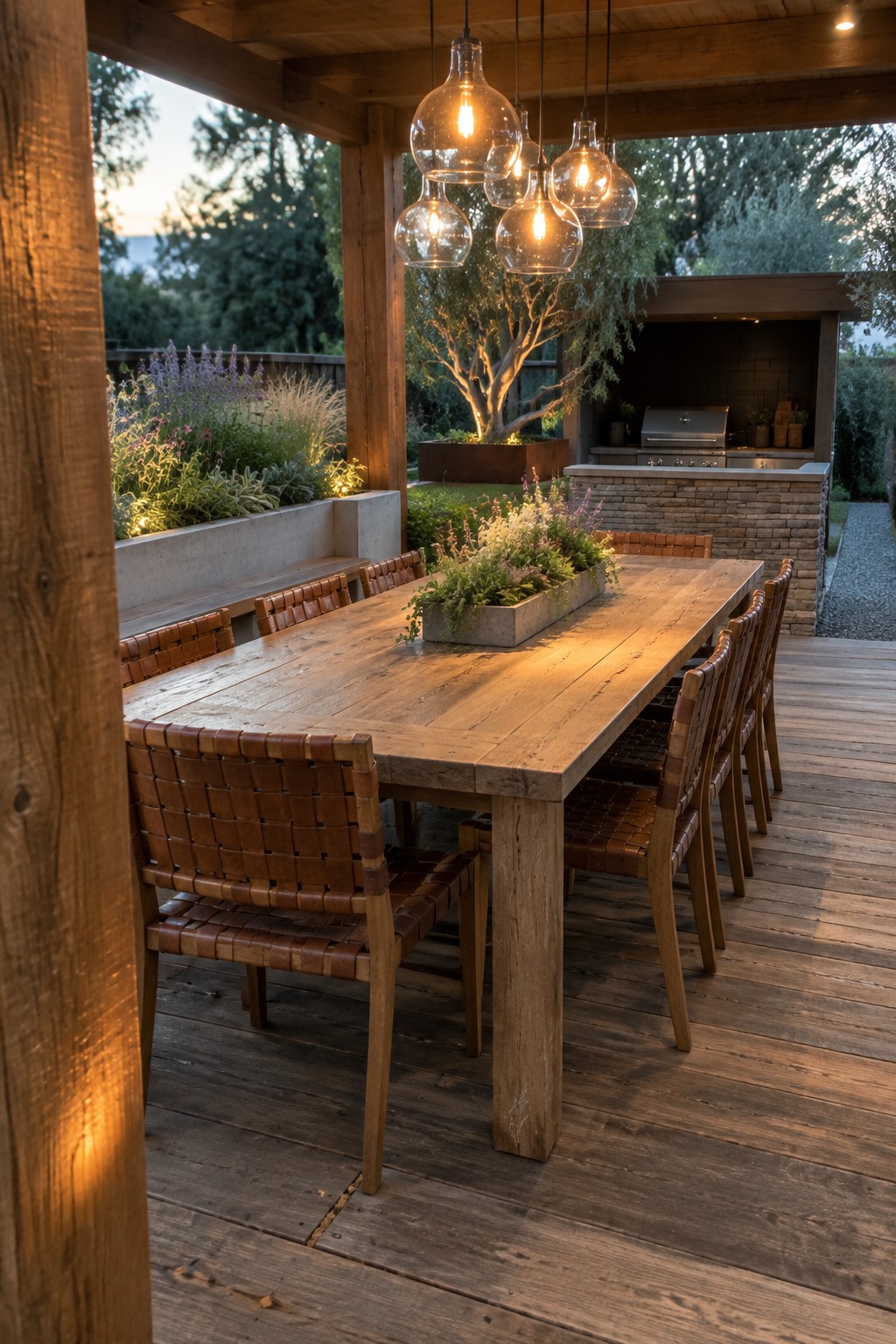 A long wooden outdoor dining table with a central concrete planter of mixed flowers and greenery, set with woven leather strap chairs under glass pendant lights on a deck beside raised garden beds.