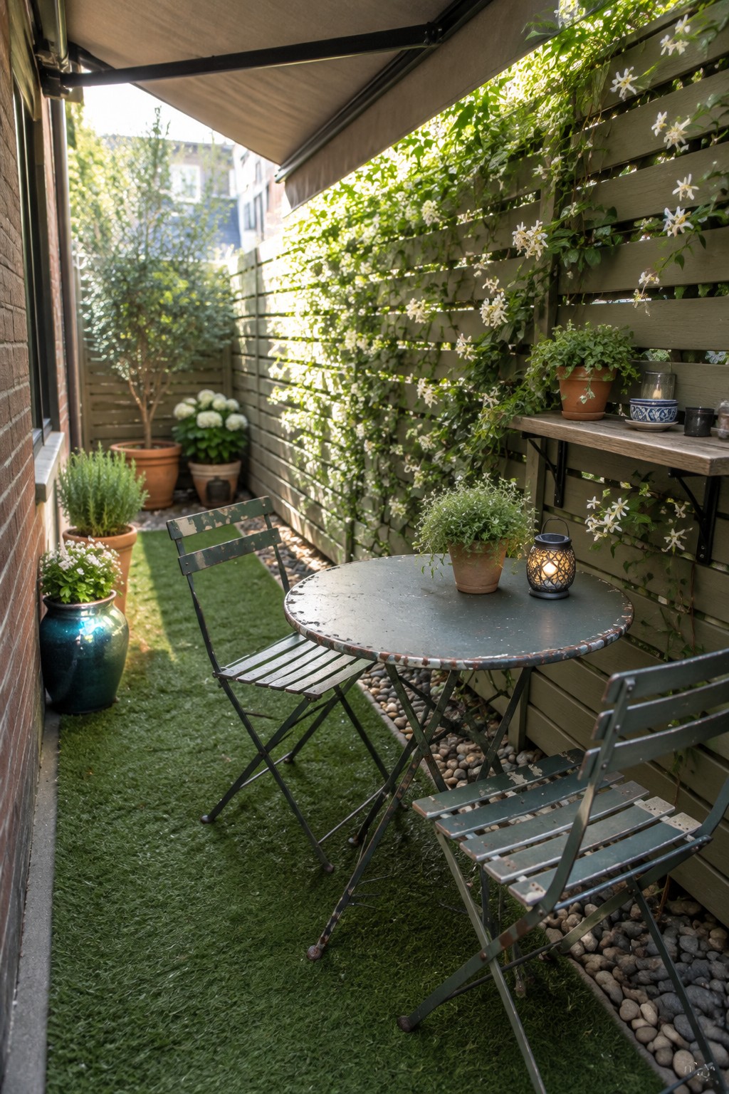 Cozy patio with round metal table, green chairs, potted plants, and vine-covered fence.