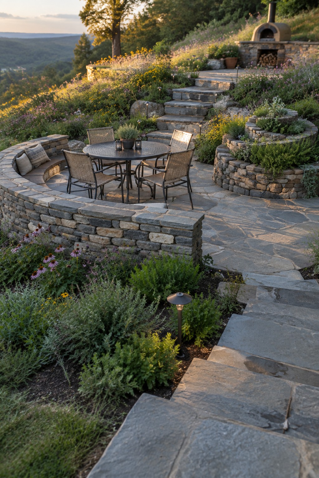A hillside garden features curved stone retaining walls enclosing a round dining table with four chairs on a stone patio, with stone steps ascending to a pizza oven and dense flower beds and shrubs throughout the scene.