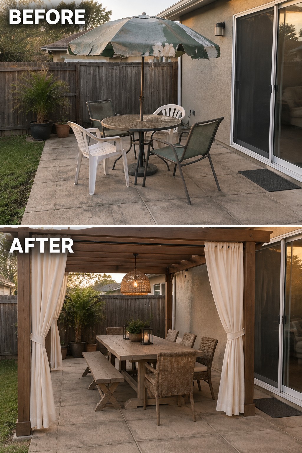 Before torn-umbrella patio and after wooden pergola with curtains and lights.