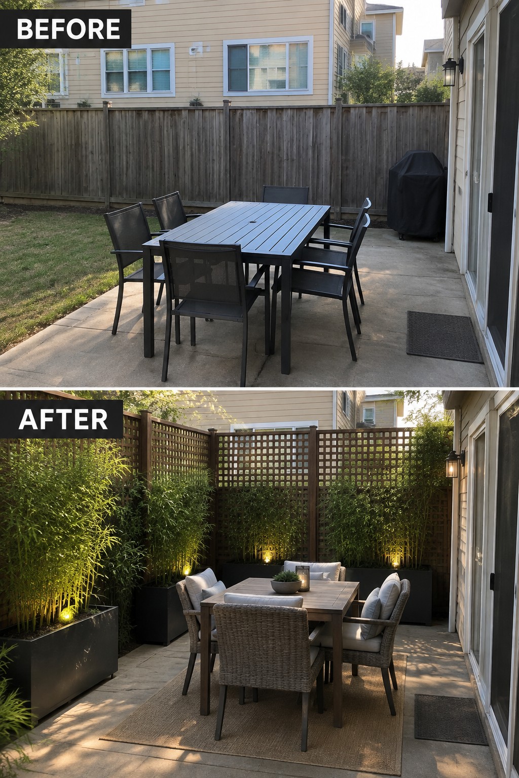 Before-and-after image of an open concrete patio changed into a private outdoor dining area with lattice screens, tall bamboo planters, and a rug.