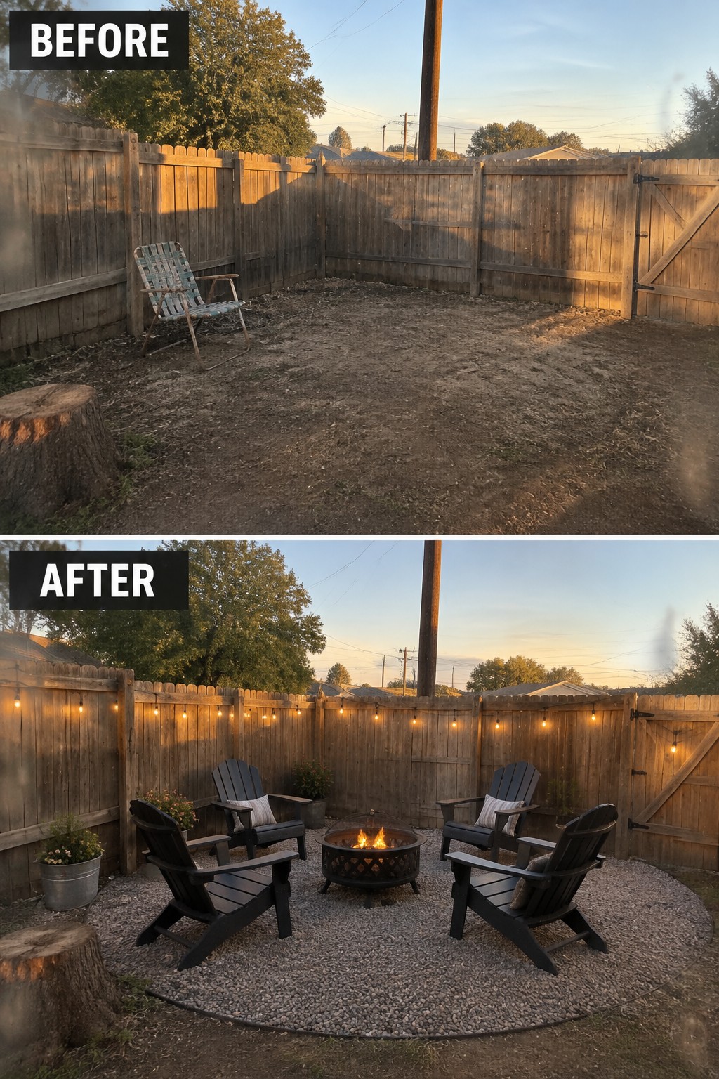 Before-and-after image of a bare dirt backyard transformed into a gravel fire pit seating area with four chairs and string lights along the fence.